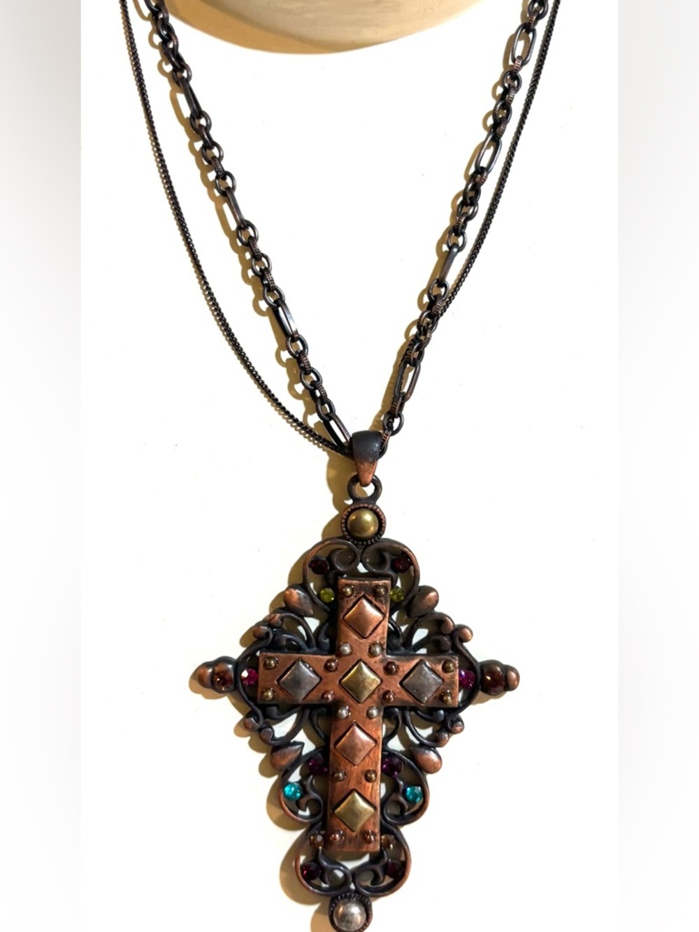 Vintage Copper Cross Pendant Necklace - Multicolor Accents